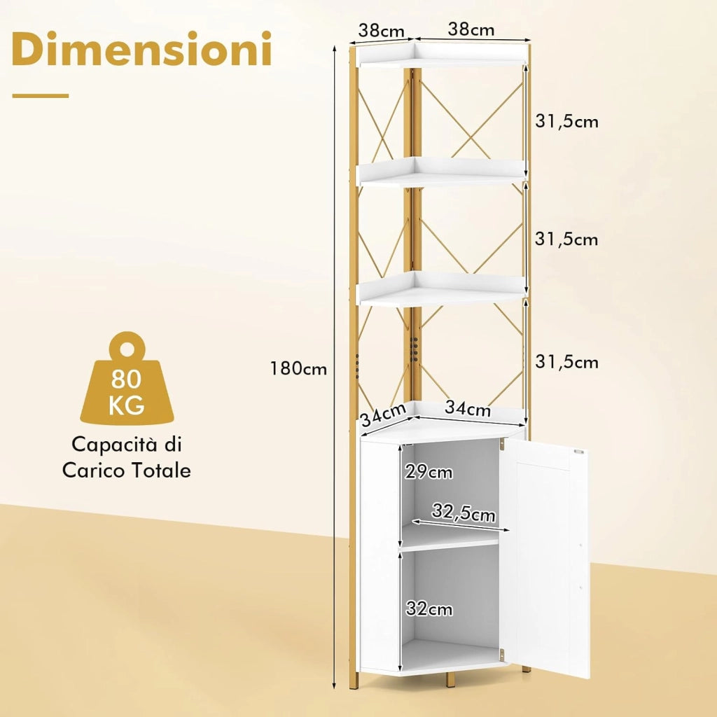 Libreria a 5 Ripiani, Mensola ad Angolo con Spazio di Archiviazione, Armadio ad Angolo con Paraspigoli Anticaduta, Autoportante, con 2 Kit Antiribaltamento, 38 x 38 x 180 cm (Bianco)