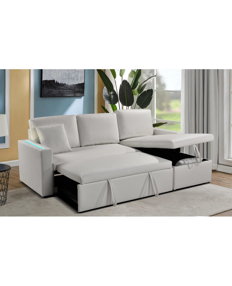 Divano letto contenitore, reversibile angolare, led, ecopelle bianco chaise longue Sicorage Tuky