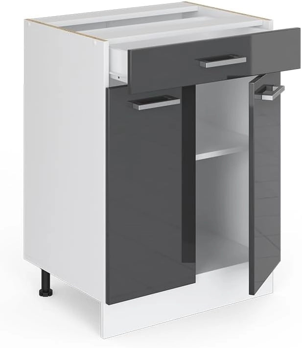 Mobiletto base per cucina R-Line, Antracite lucido, 60 cm con cassetto, senza piano di lavoro, per la libera combinazione all'interno di sistemi cucina modulari