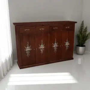 Credenza madia buffet mod Lia in legno arte povera noce scuro decorato a mano fiori