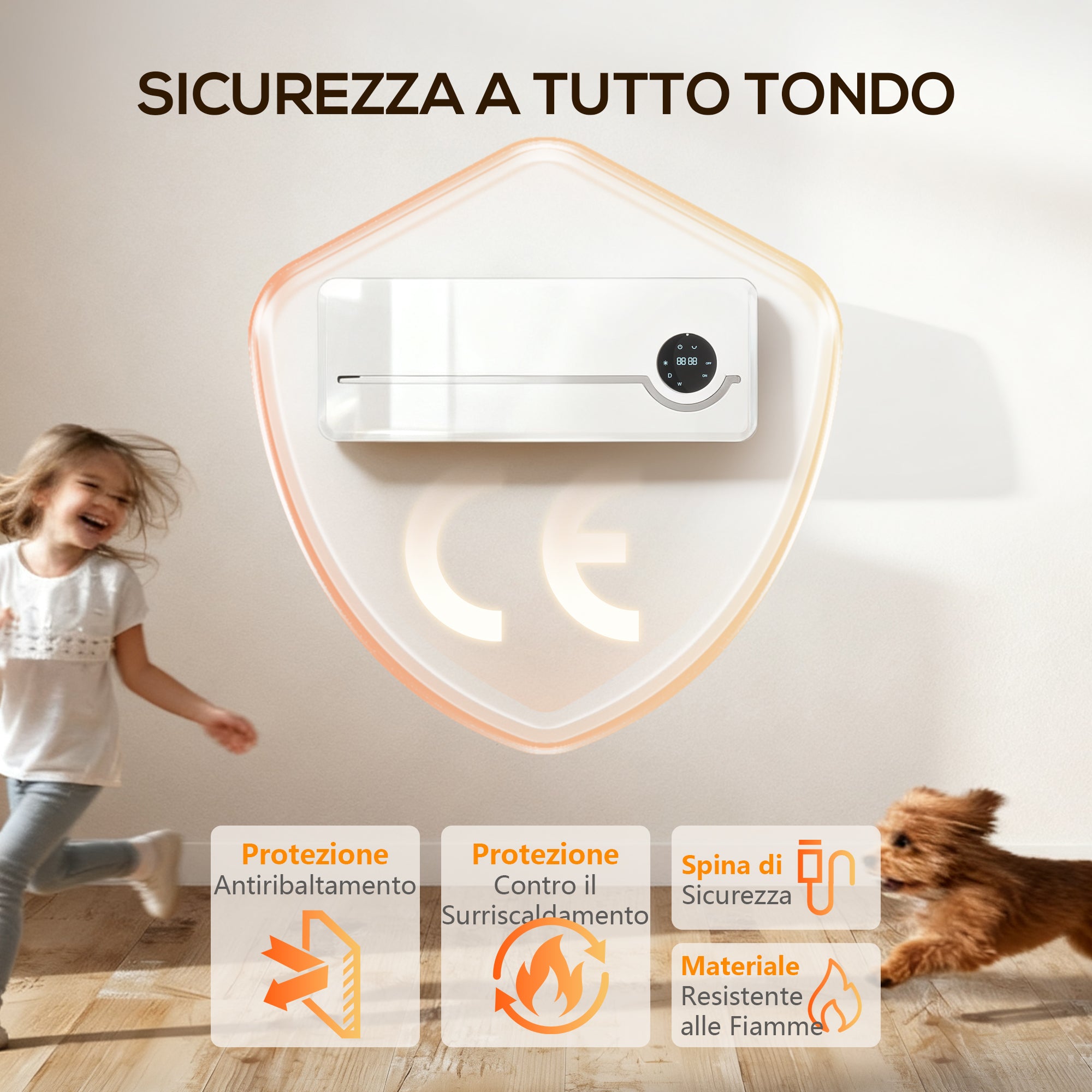 Stufa Elettrica Ceramica 2000W a Parete con 3 Modalità Riscaldamento Regolabile Timer e Telecomando Bianco