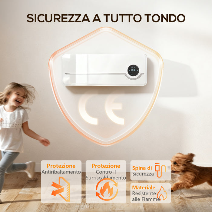 Stufa Elettrica Ceramica 2000W a Parete con 3 Modalità Riscaldamento Regolabile Timer e Telecomando Bianco