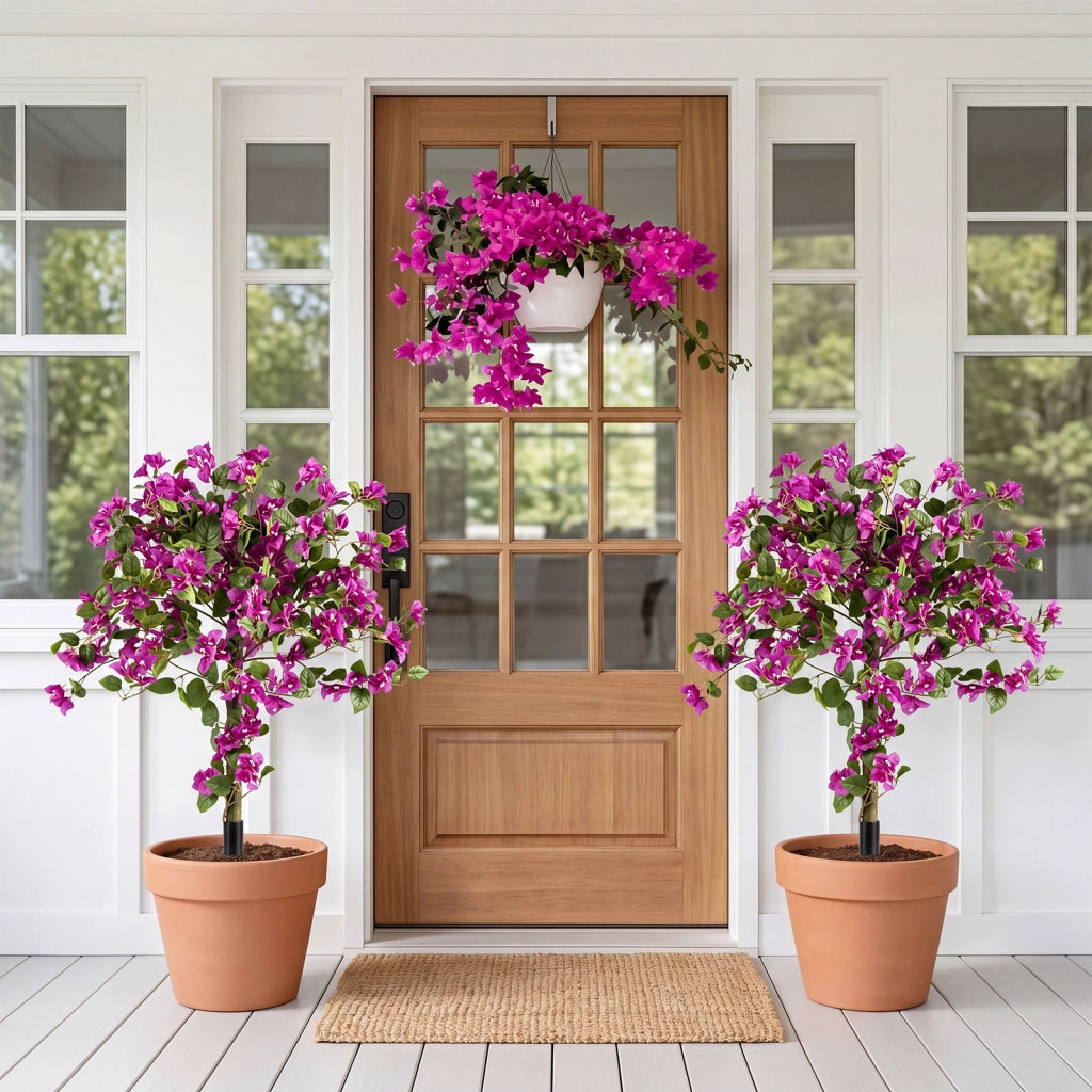 Set di 2 bouganville artificiali con picchetto 110,5 cm, Albero realistico decorativo con fiori foglie per interni/esterni