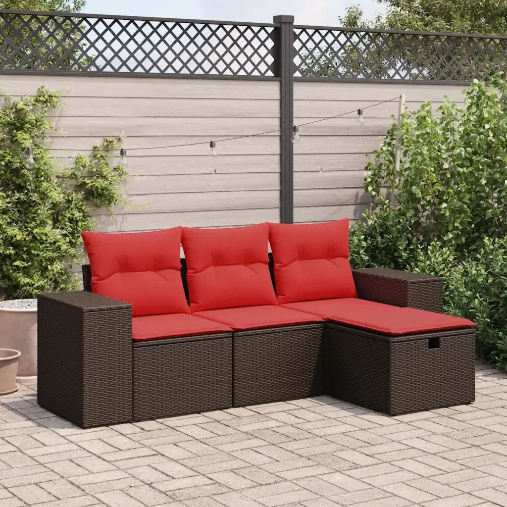 Set Divano da Giardino 4 pz con Cuscini Marrone in Polyrattan