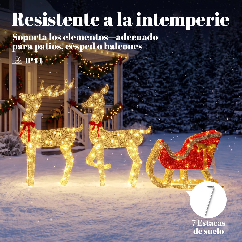 Set natalizio da esterno composto da 3 renne con slitta 3D, 200 luci LED bianco caldo, 8 modalità e timer.