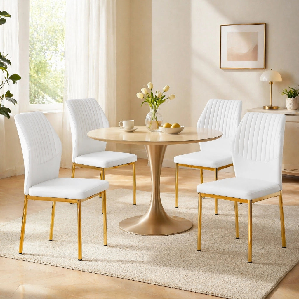 Sedia da Pranzo Set da 4 con Schienale Ergonomico e Piedini Antiscivolo in PU e Metallo Bianco Oro 93 cm