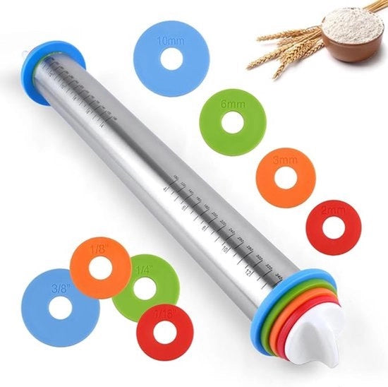 Deegroller Verstelbaar con 4 Regolazioni per la Cottura; 43,2 cm (17 pollici) Deegroller in Acciaio Inossidabile con Misurazione Chiara; adatto per Pizza, Fondant, Torte, Biscotti, Attrezzature da Cottura, Pasta, ecc.