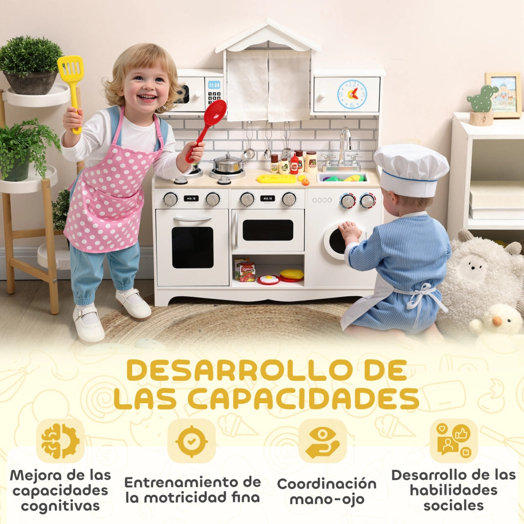 Cucina Giocattolo in Legno con Suoni e Accessori ¨C Minimal ¨C Acciaio Inox Bianco