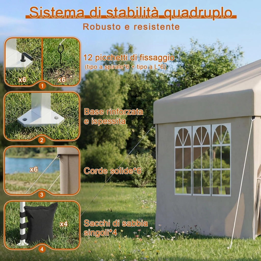 Gazebo 3x6 Pieghevole Impermeabile, Tenda Pop Up Pieghevole con 6 Pareti Rimovibili, Gazebo Pieghevole con 3 Altezze Regolabili Protezione UV 50+ per Giardino, Terrazza, Campeggio (Beige)
