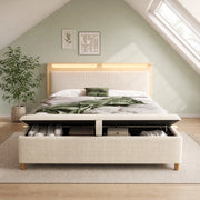 LETTO 160x200 cm in legno e corduroy beige con LED e panca contenitore