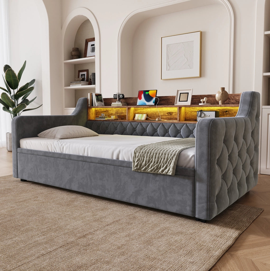 Divano letto 90x190 cm estraibile con testiera portaoggetti; LED e USB in velluto grigio scuro