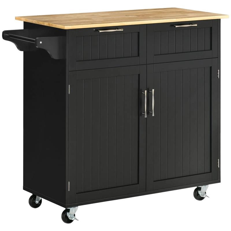 CARRELLO DA CUCINA MULTIUSO IN LEGNO CON 2 CASSETTI ARMADIETTO E 4 RUOTE NERO