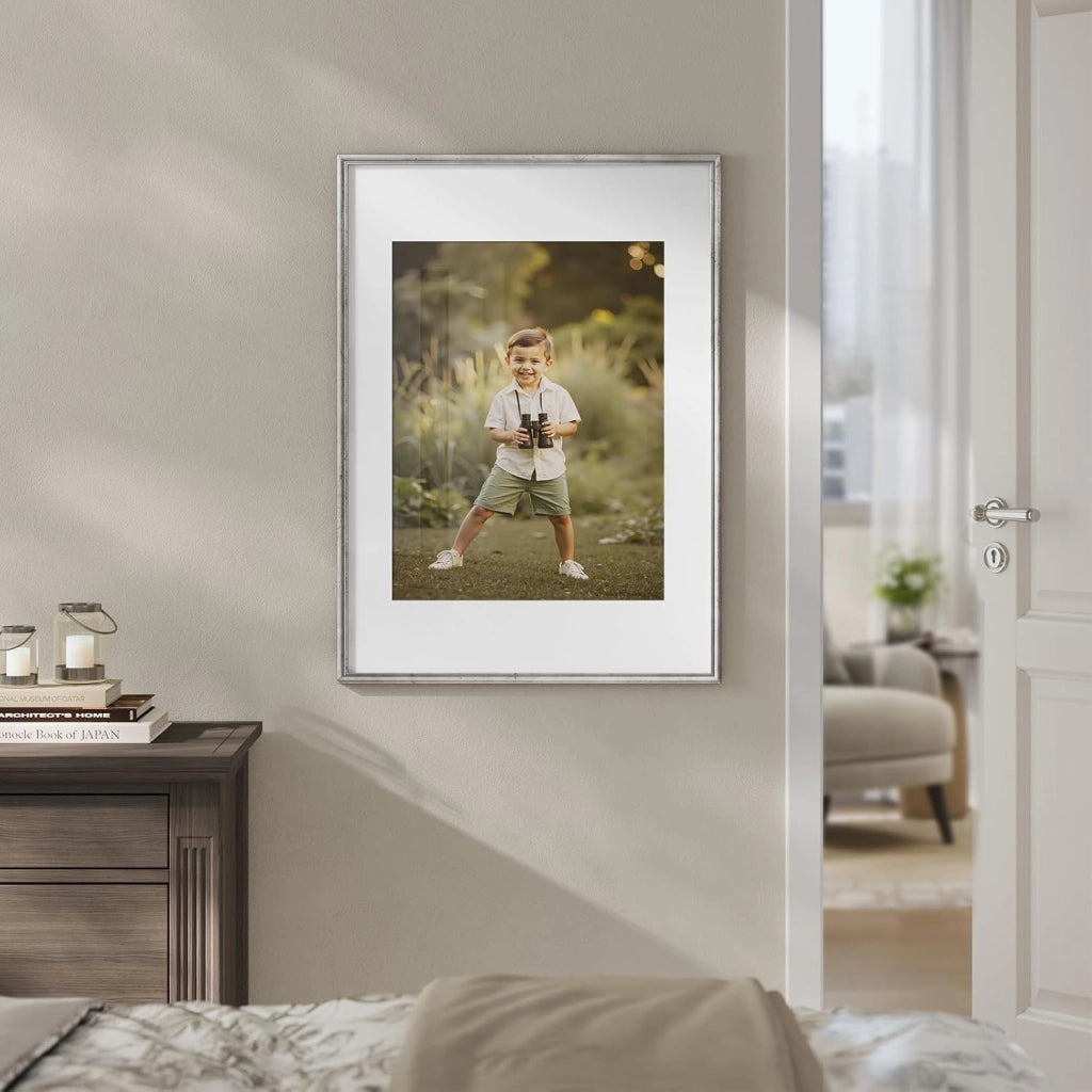 Set di 3 Cornici Foto 50x70 cm con Passepartout, Portafoto da Parete e Tavolo, Verticale o Orizzontale, in Legno Massiccio, Argento