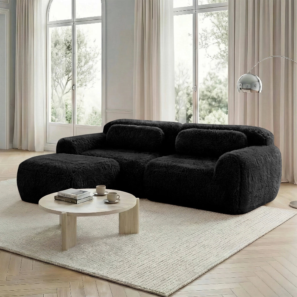 OKWISH Divano Angolare 2 Posti Modulare, Forma Avvolgente con Ottomana Collegabile e Cuscini, Peluche, Nero
