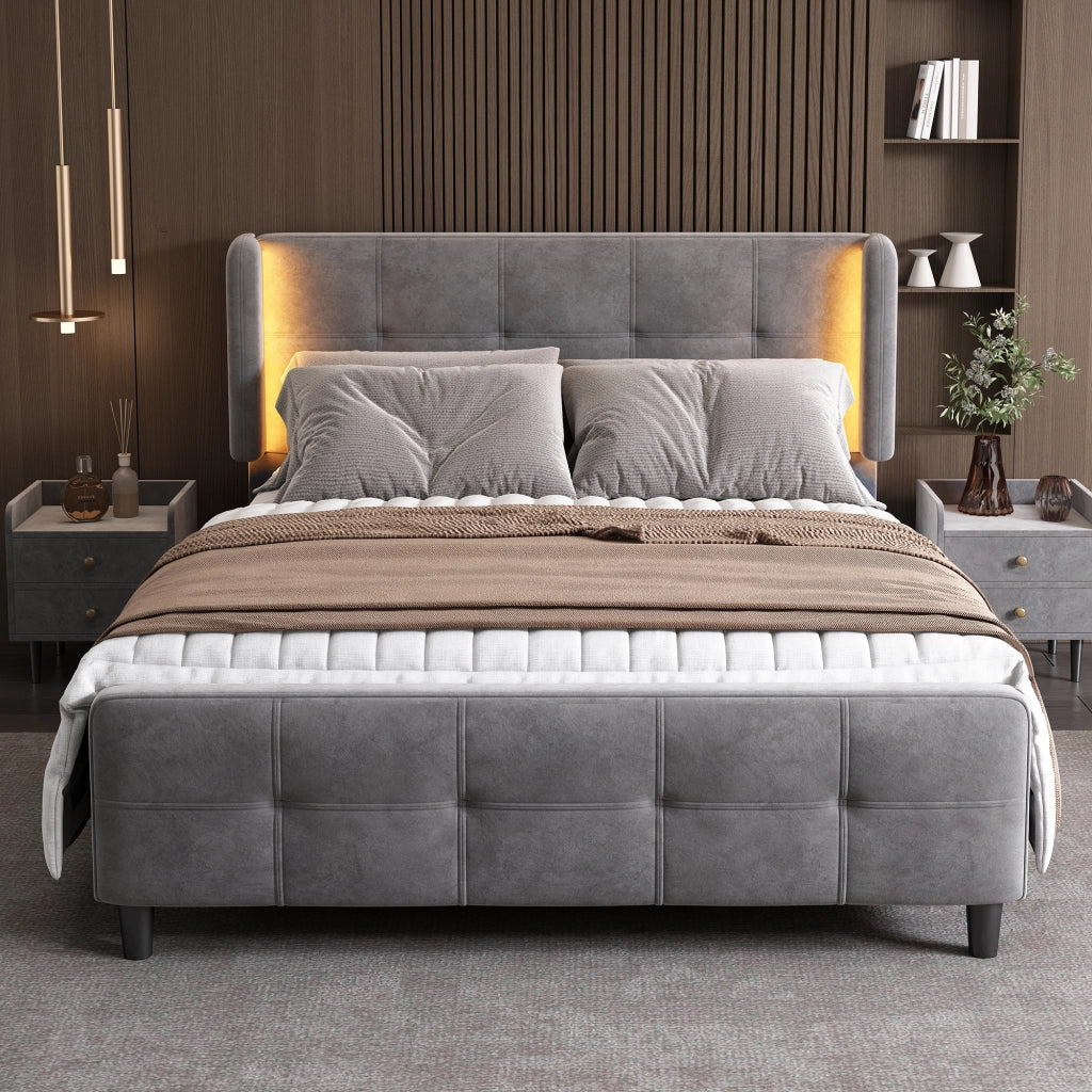 Letto Matrimoniale 140 x 200 cm - LED Regolabile e Testiera Regolabile - in Velluto - Grigio