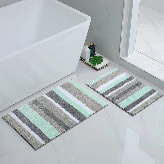 Set di tappeti di assorbimento per bagno, 2 pezzi, microfibra, morbidi, altamente assorbenti, 40 x 60 cm + 50 x 80 cm, verde/grigio