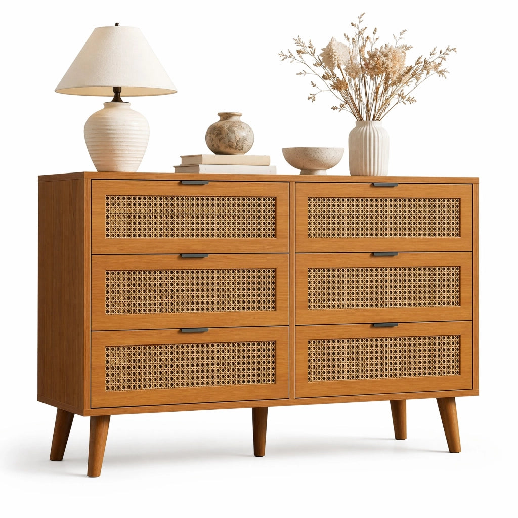 ?????ino a 6 cassetti in stile retrò con effetto rattan; 120 x 40 x 76;5 cm; noce