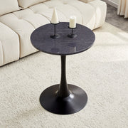 Tavolo rotondo in MDF e metallo nero con piano effetto marmo e base centrale altezza 72 cm