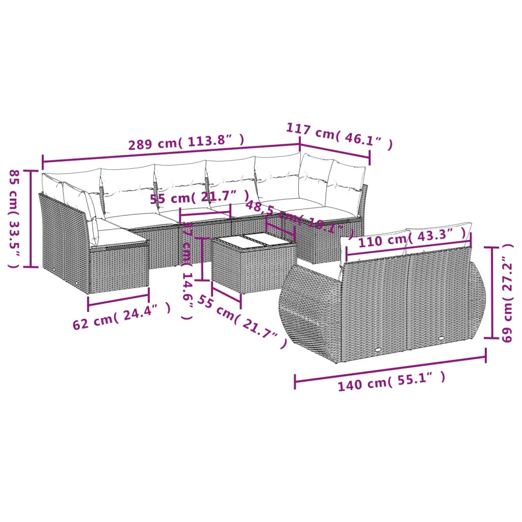 Set Divano da Giardino 10 pz con Cuscini Beige in Polyrattan 3254165
