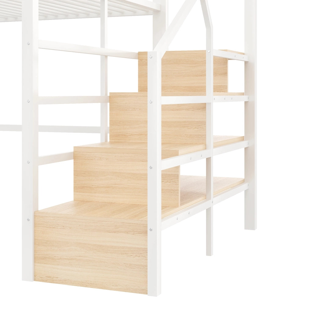 DESMIU Letto a soppalco 2 posti con scala contenitore e LED regolabile 140 × 200 cm, senza materasso, bianco