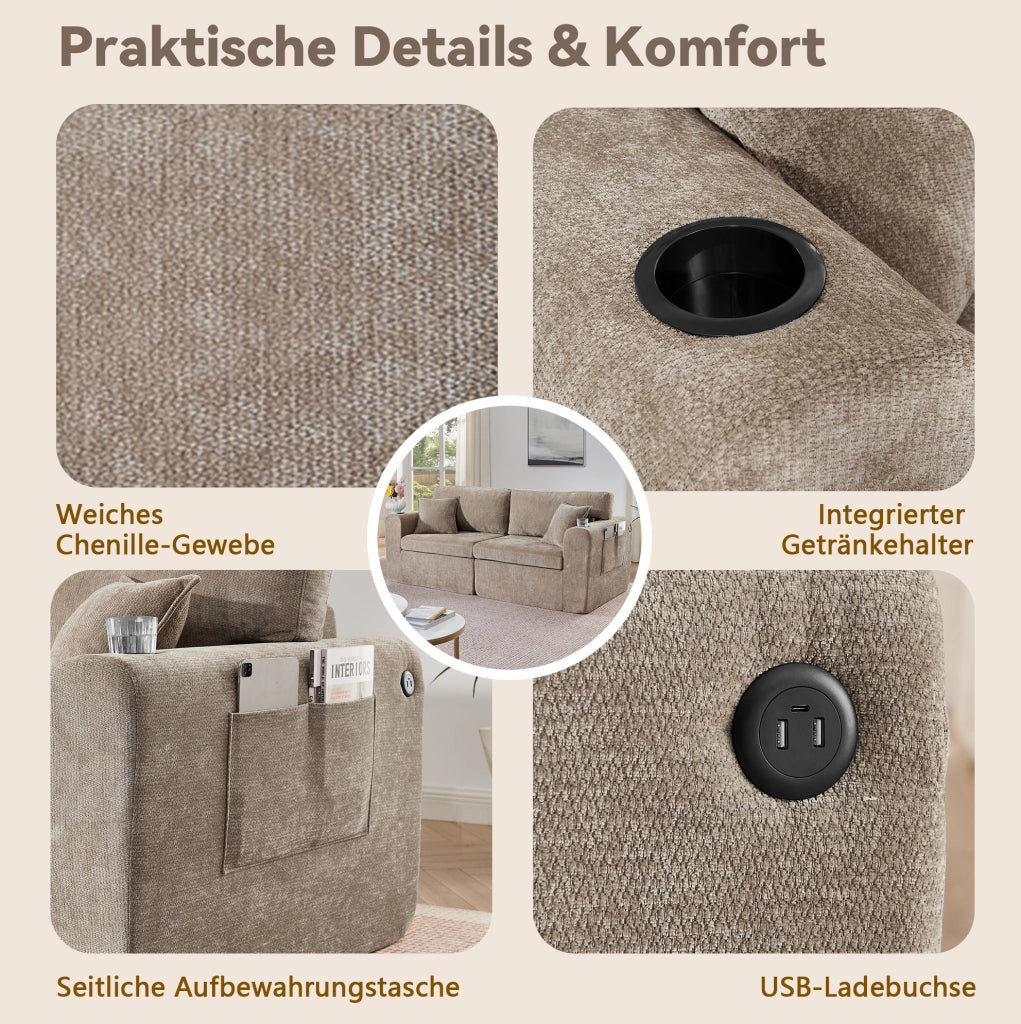 Divano 2 posti in ciniglia con tasche laterali; USB e portabicchiere; 220 x 100 x 89 cm; marrone