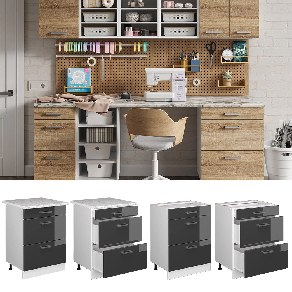 Vicco Base universale Antracite lucido 60 cm con cassetti, senza piano di lavoro