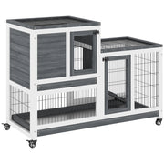 Conigliera 110x50x88 cm Casetta con Rampa Porte Multiple e Ruote in Legno Grigio e Bianco