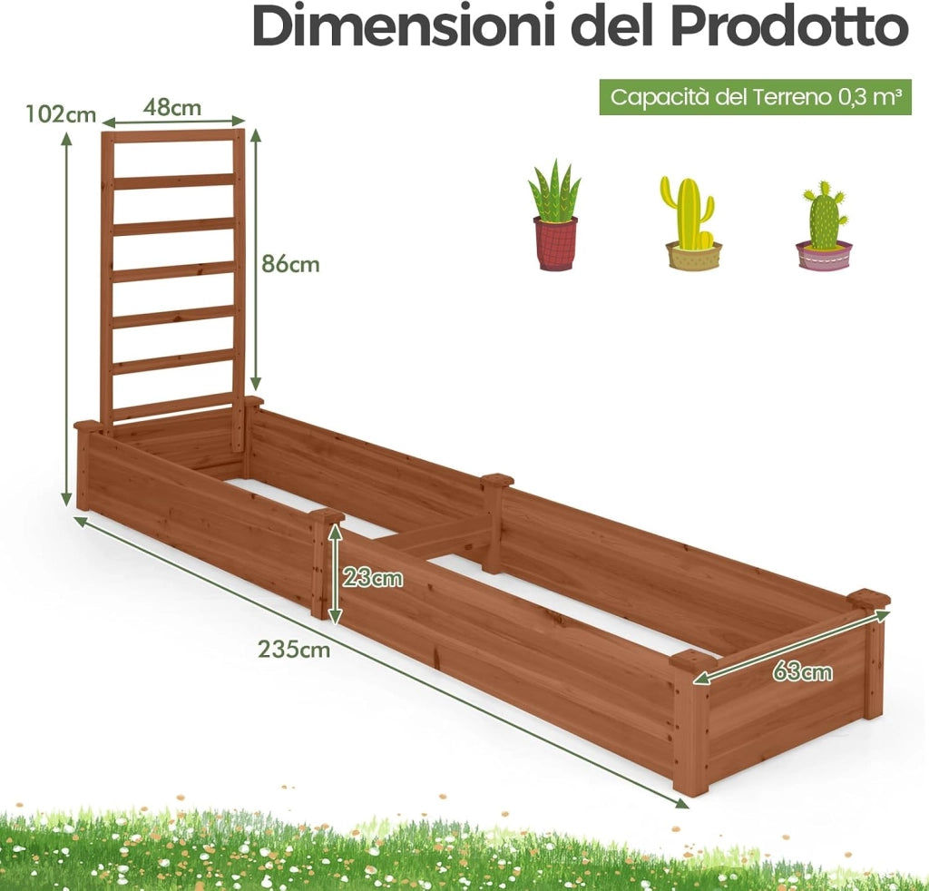 Fioriera da Esterno e Traliccio, Letto Rialzato in Legno per Fiori, Erbe, Verdure, Frutta e Viti Rampicanti, Aiuola Elevata da Giardino con Spalliera, 235CM x 63CM x 102CM (Marrone)