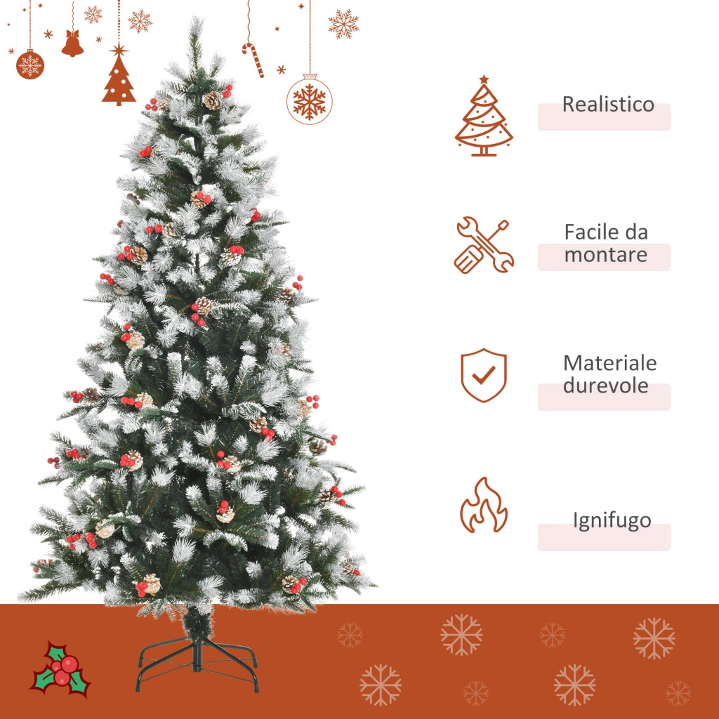 EasyComfort Albero di Natale Innevato 180cm con Bacche Rosse e Pigne Bianche, Base Rimovibile Pieghevole, 678 Rami, Verde