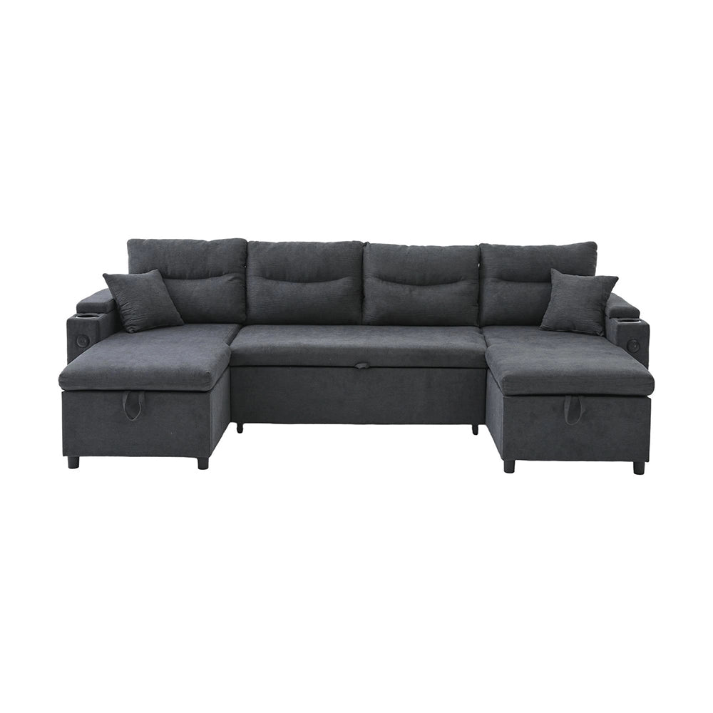 Canap¨¦ moderno per 4 persone - Xylo - Grigio scuro, con chaise longue, spazio di stoccaggio, porta-bicchieri e USB