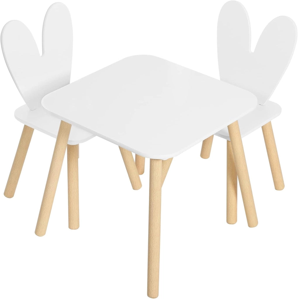 Tavolino e Sedie per Bambini con 2 Sedie, per Mangiare e Dipingere, Forma di Coniglio, Cameretta, Asili Nidi, in MDF e Legno Massello, Bianco e Venature Legno