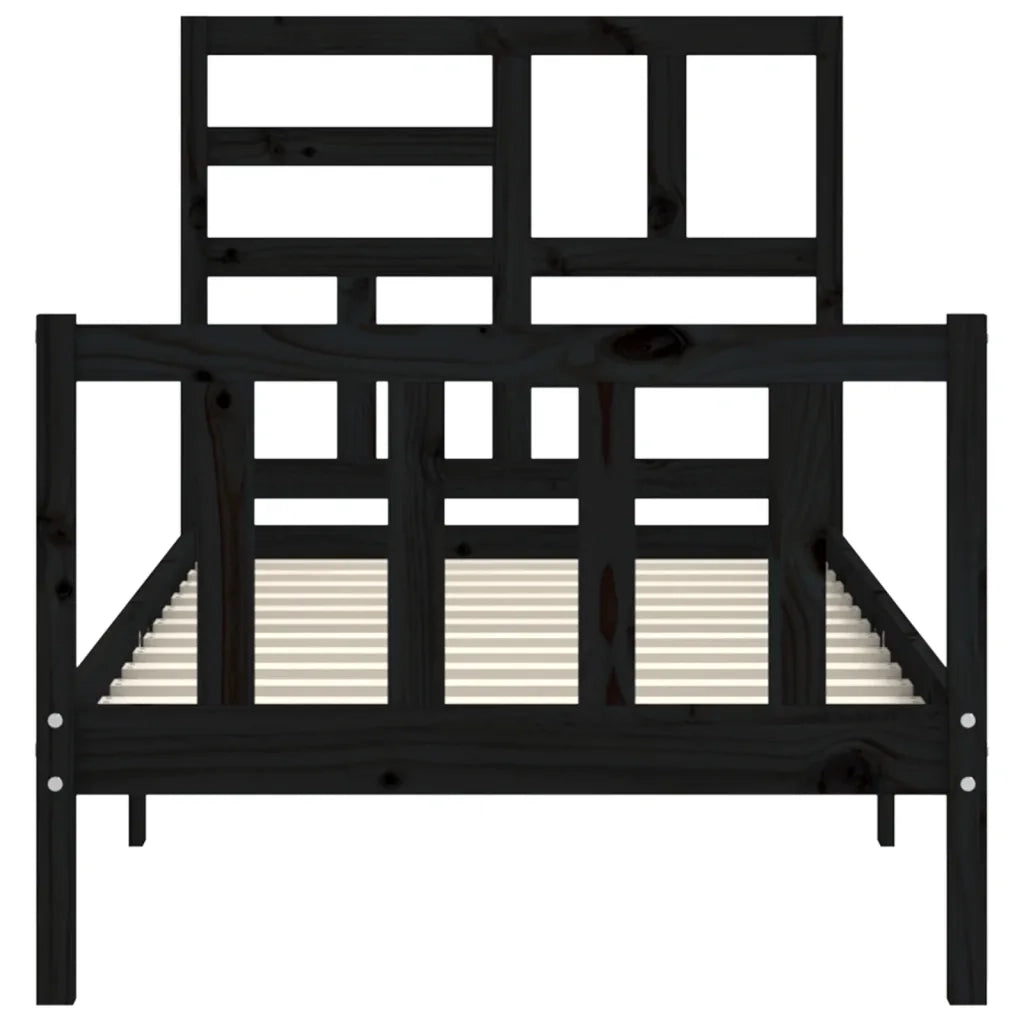 Letto singolo | Letto per adulti | Giroletto con Testiera Nero Small Single in Legno Massello