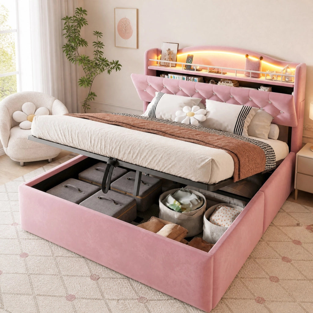 Letto imbottito 140x200 cm con contenitore idraulico; LED; USB/USB-C e rivestimento rosa