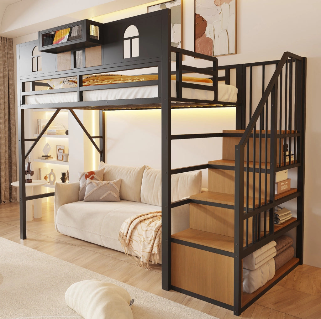 Letto a soppalco in metallo 90 x 200 cm con scala contenitore; ripiani e barra luminosa nero