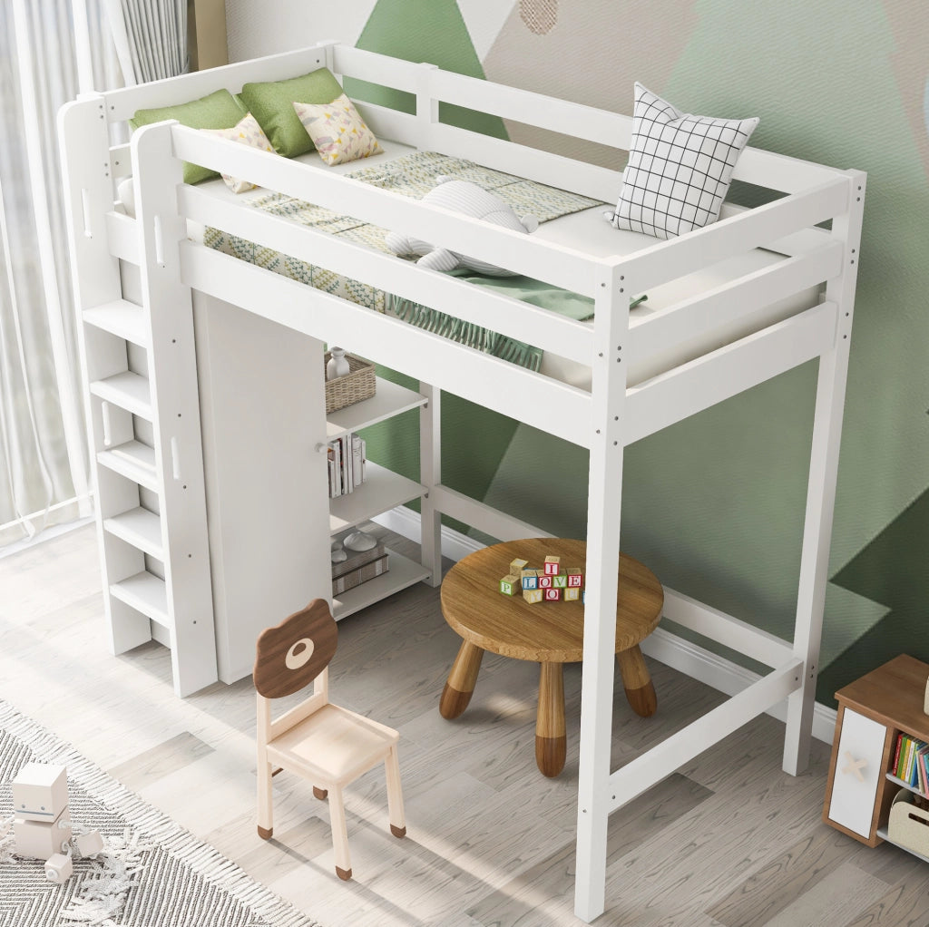 Letto a soppalco 90x200 cm bianco con armadio e 6 ripiani