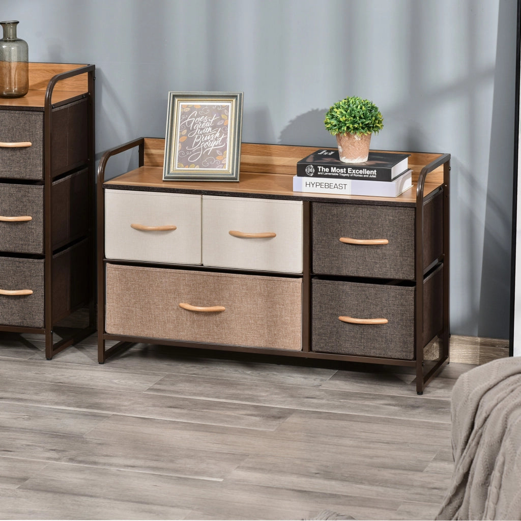 Cassettiera con 5 Cassetti in Tessuto ¨C Zephmum ¨C 87.5x29x58 cm Marrone e Beige
