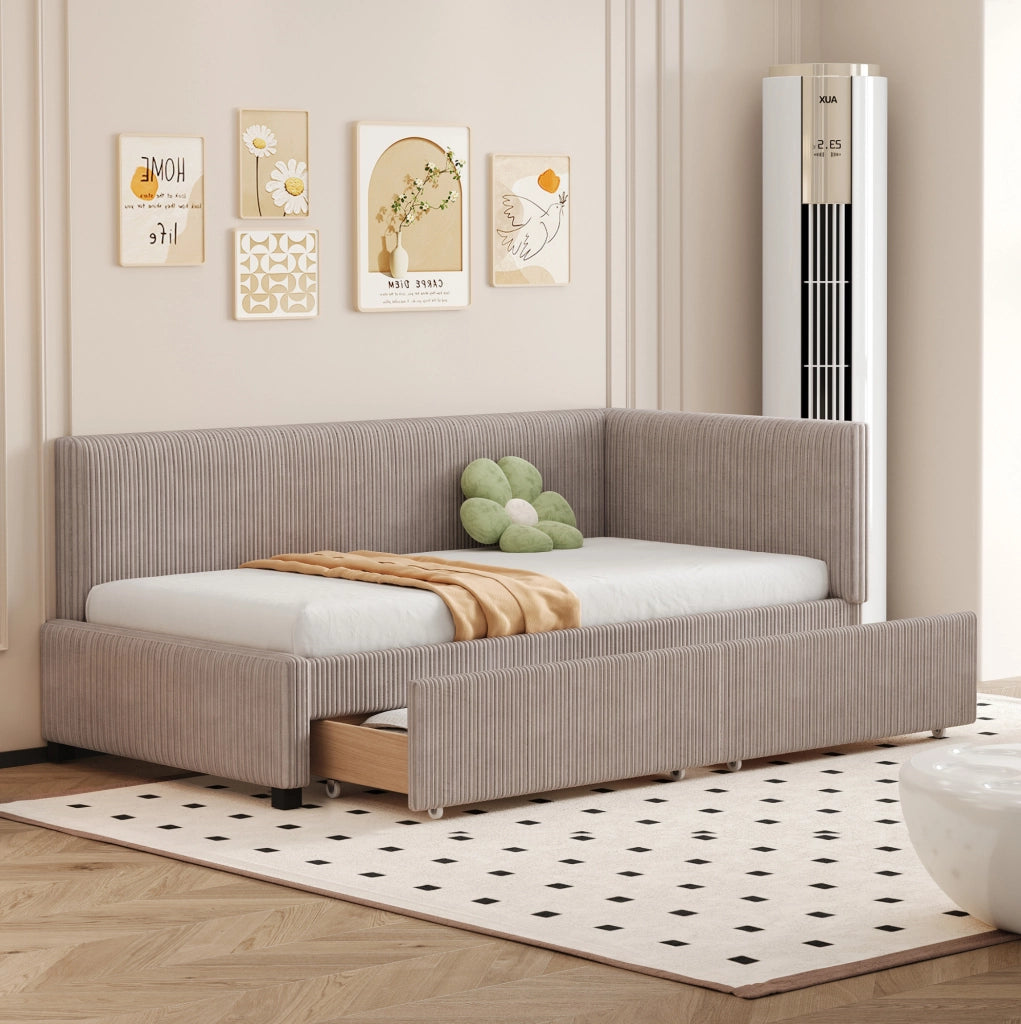 Divano letto a una piazza 90x200 cm in velluto grigio con 2 cassetti e rete a doghe