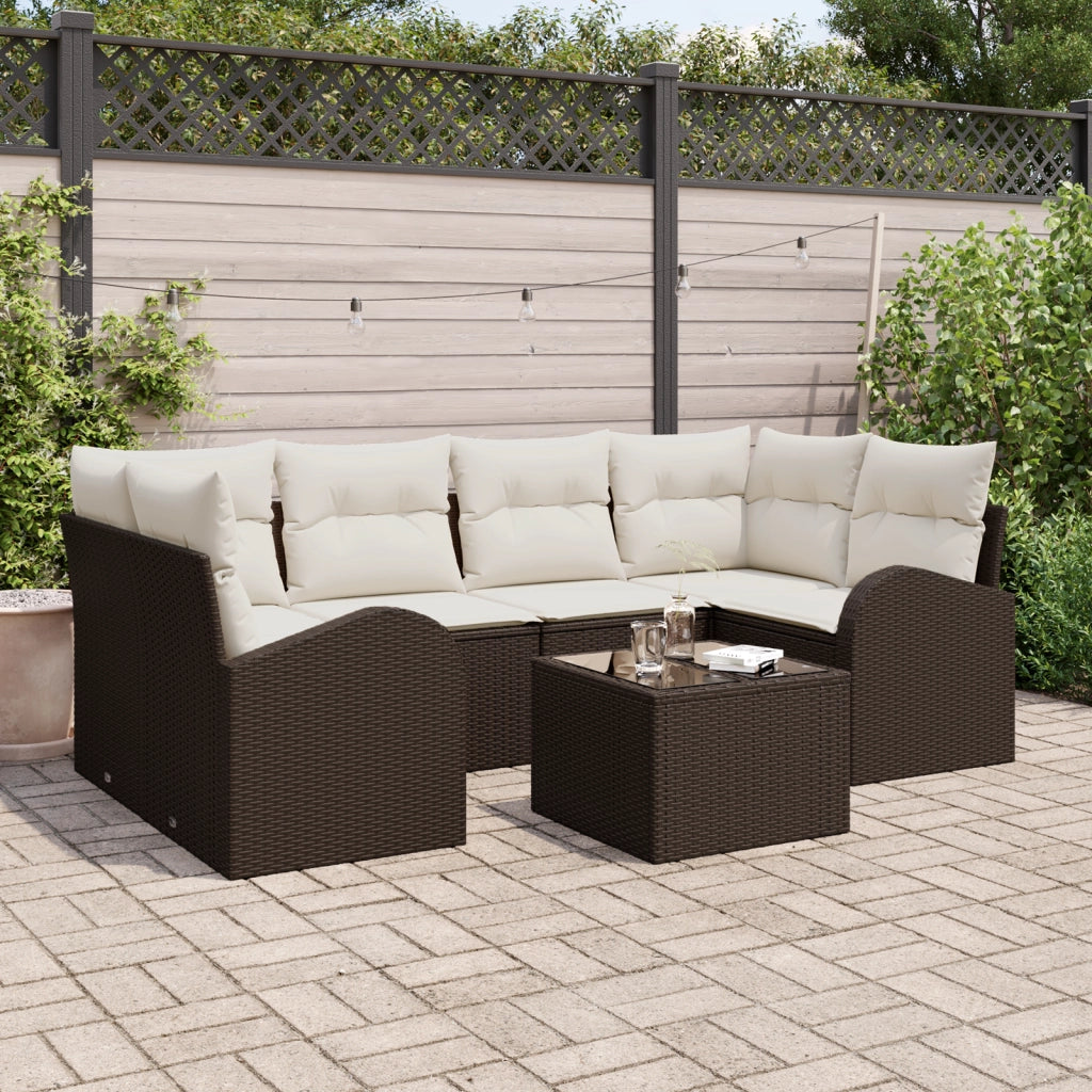 Set Divano da Giardino 7 Pezzi con Cuscini Marrone Polirattan