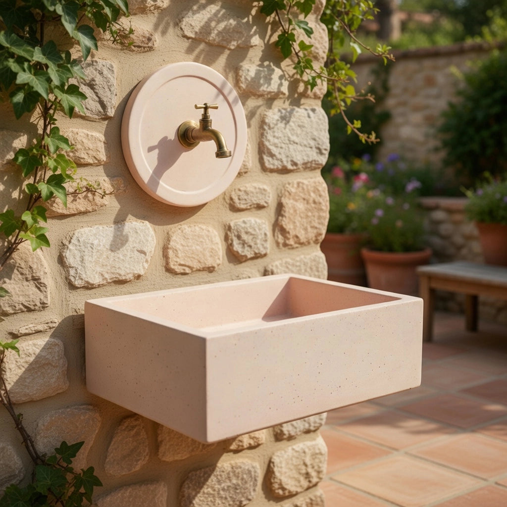 Lavello Rettangolare da Esterno 45x35 cm con Rosone Installazione a Muro in Cemento Madrid Rosa Antico