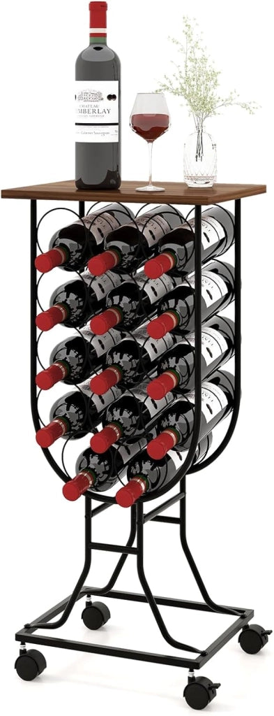 Portabottiglie per Vino per 14 Bottiglie con Ruote Bloccabili, Scaffale per Vino, Organizer per Bottiglie in Stile Rustico, per Bar, Cucina, Sala da Pranzo, 38 x 30 x 76 cm