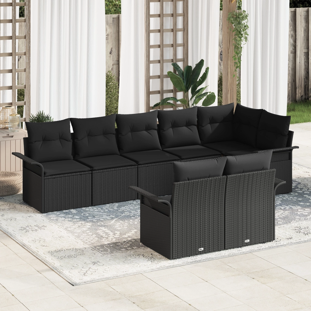 Set divani da giardino 8 pezzi con cuscini Nero Polyrattan
