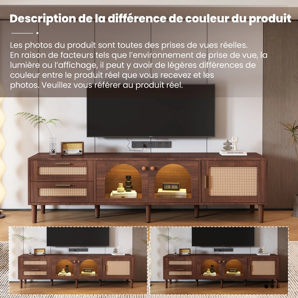 Mobile TV con 3 Ante; 2 Cassetti in Rattan e LED; Ante in Vetro; Stile Naturale; 180¡Á40¡Á50 cm; in Truciolare; Marrone