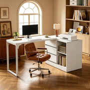 Scrivania angolare a L bianca con cassetti e ripiani, design moderno per ufficio e casa