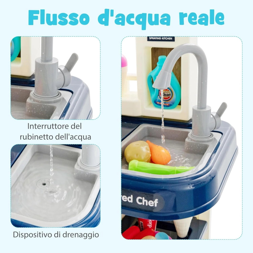 65 Pezzi Cucina Giocattolo per Bambini, Mini Cucina con Finto Vapore Cappa Aspirante, Rubinetto con Acqua Corrente, Canzoni, Luci e Suoni Realistici, 3 Anni+, 45 x 26 x 79 cm (Blu)