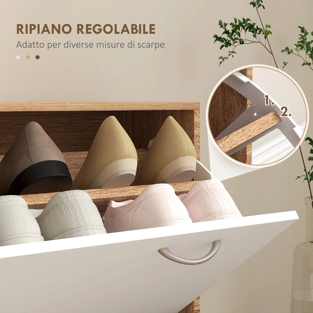 Mobile Appendiabiti 3 in 1 con Scarpiera e Specchio, Ganci e Cassetti, in Legno, 90x24x177 cm, Bianco e Noce