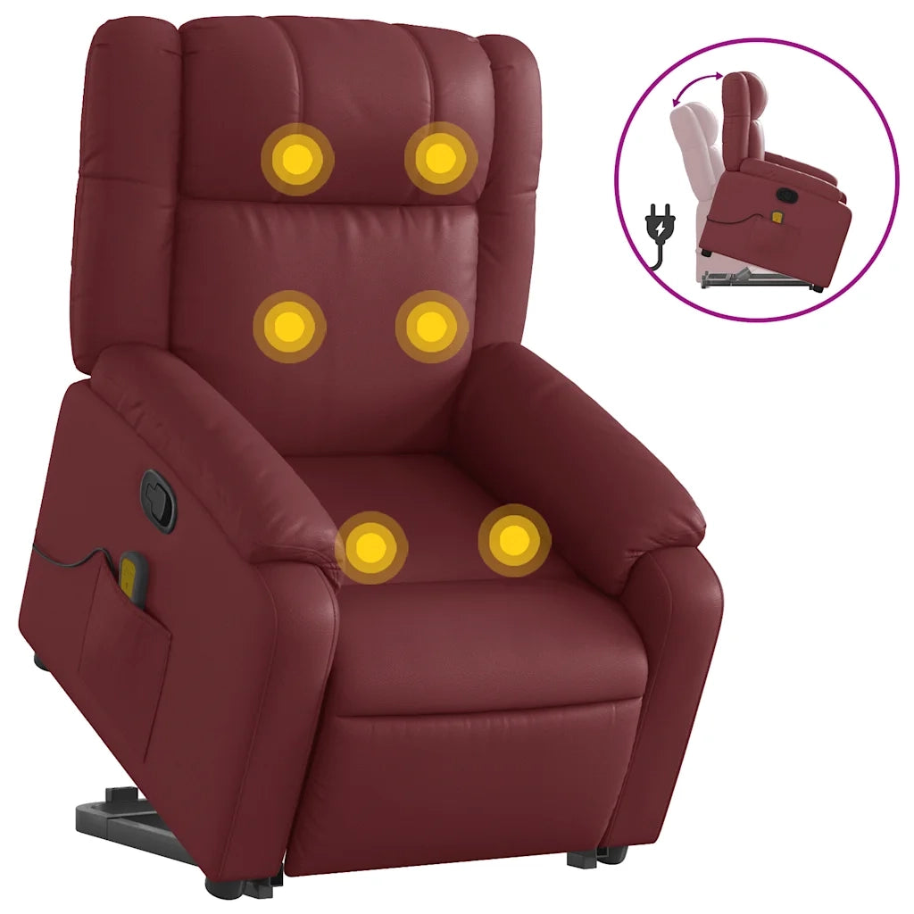 Poltrona Alzapersone Massaggi Reclinabile Rosso Vino Similpelle 3205161