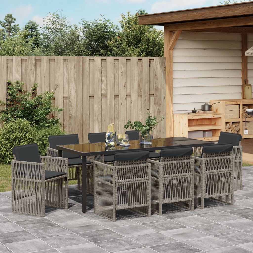 Set da Pranzo da Giardino da 9 Pezzi con Cuscini Grigio Rattan Poliestere