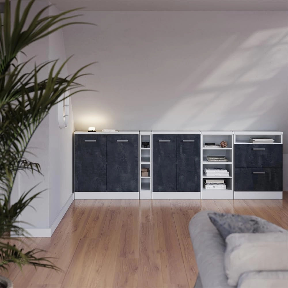 Set di mobili sottotetto Rion, Calcestruzzo nero, 210 cm Set di 5 carcasse armadio profondità 60 cm, adatto per il salvaspazio sotto tetti spioventi