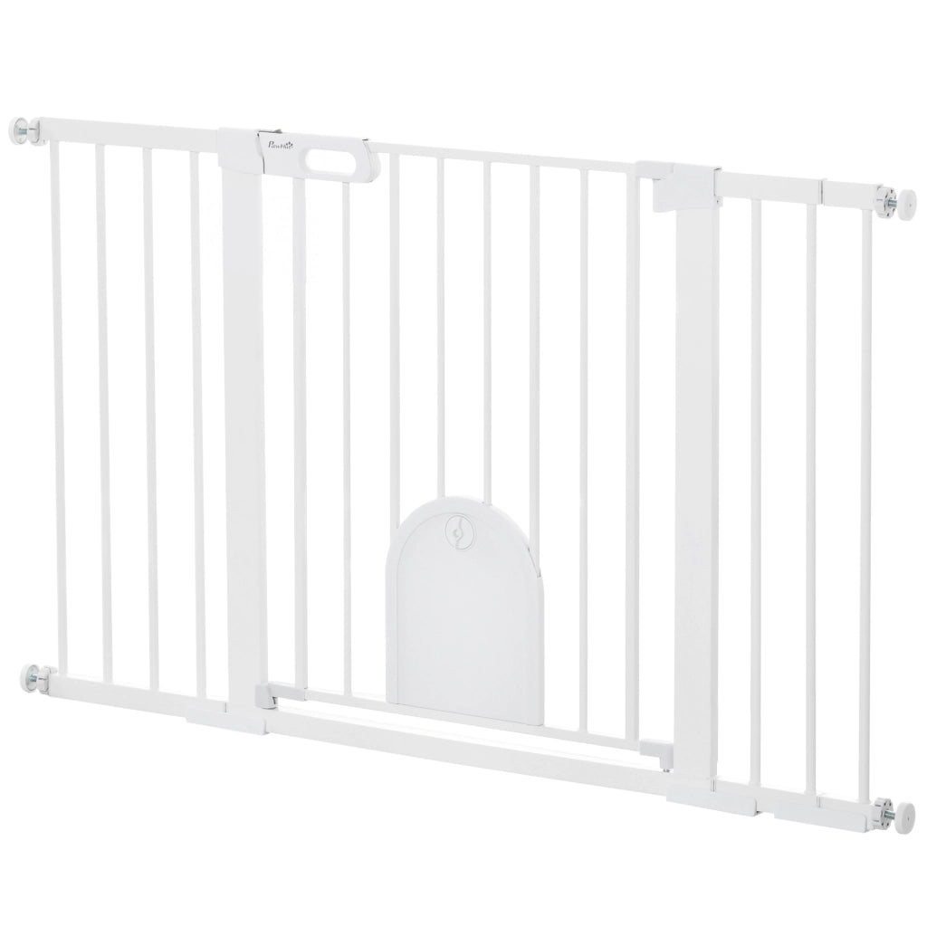 Cancelletto Estensibile per Cani con Porta Automatica ¨C zephmum ¨C Bianco, Metallo e ABS, 75-131x76 cm