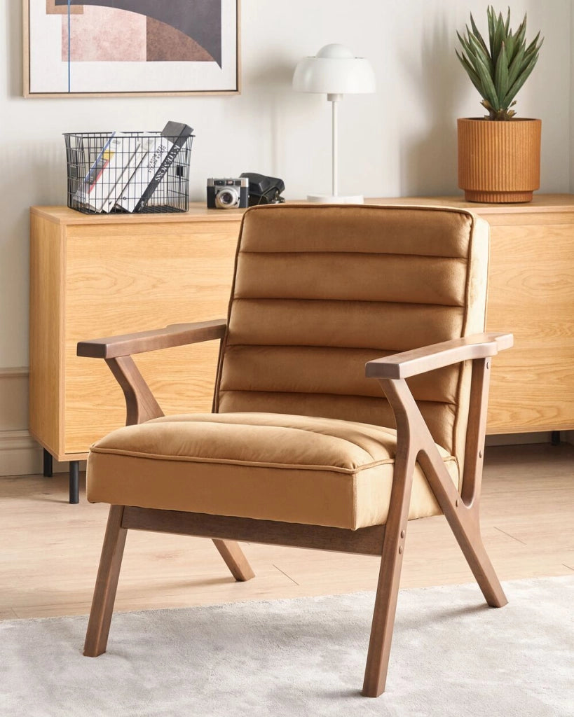 Poltrona Marrone Poliestere Velluto Rivestimenti Design Retrò Struttura in legno Braccioli Soggiorno